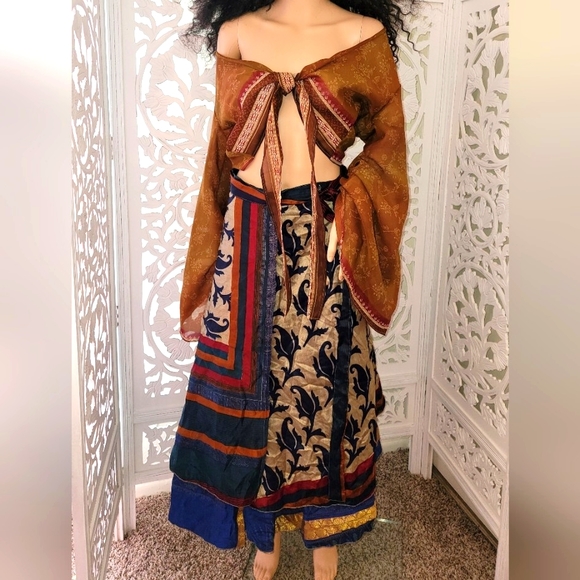 Exotic Boho Silk Blue Multicolor Reversible Wrap Skirt - Picture 3 of 12